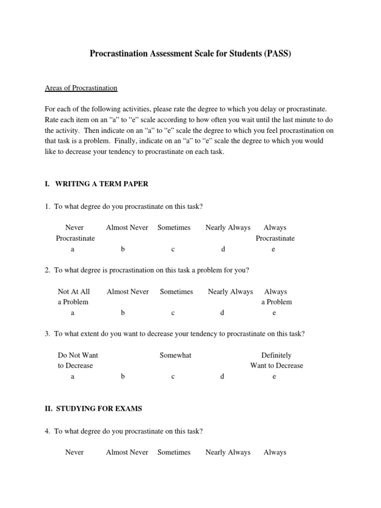 Procrastination Assessment Scale For Students (PASS) | PDF ...