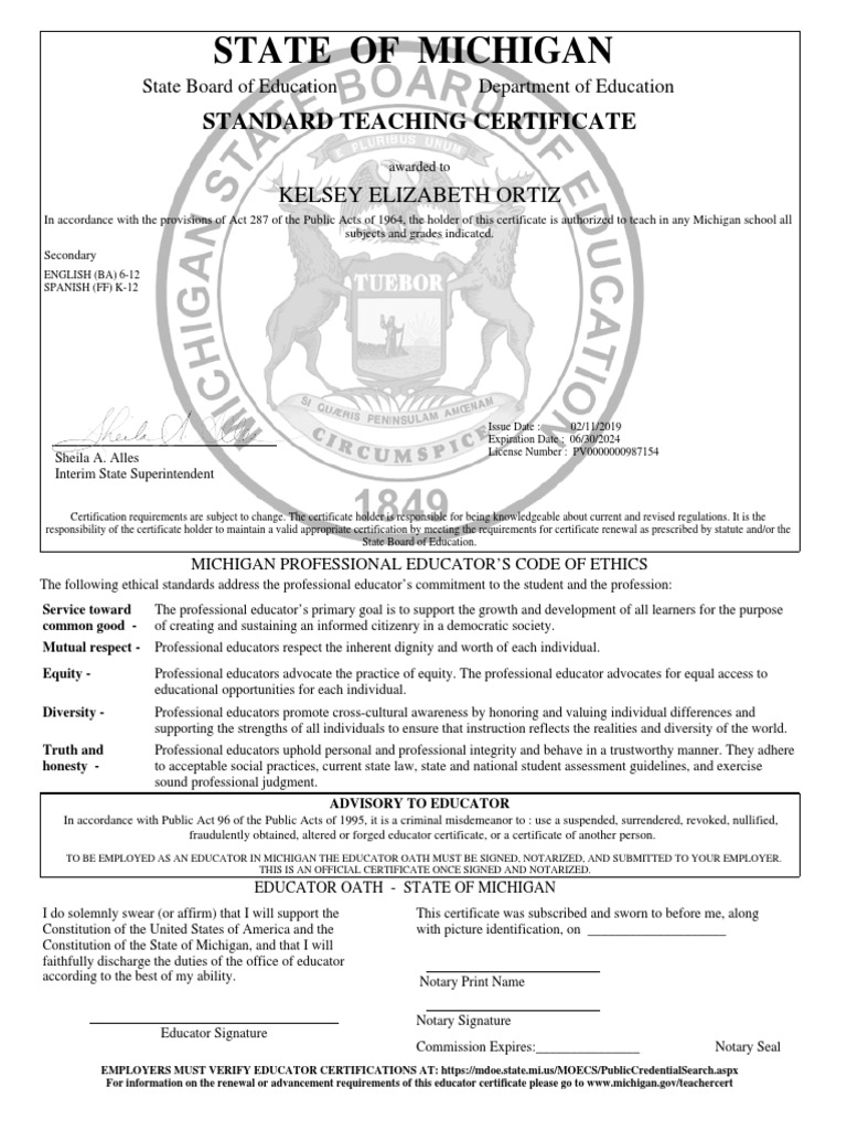 Michigan Standard Teaching Certificate | PDF | Notary Public ...