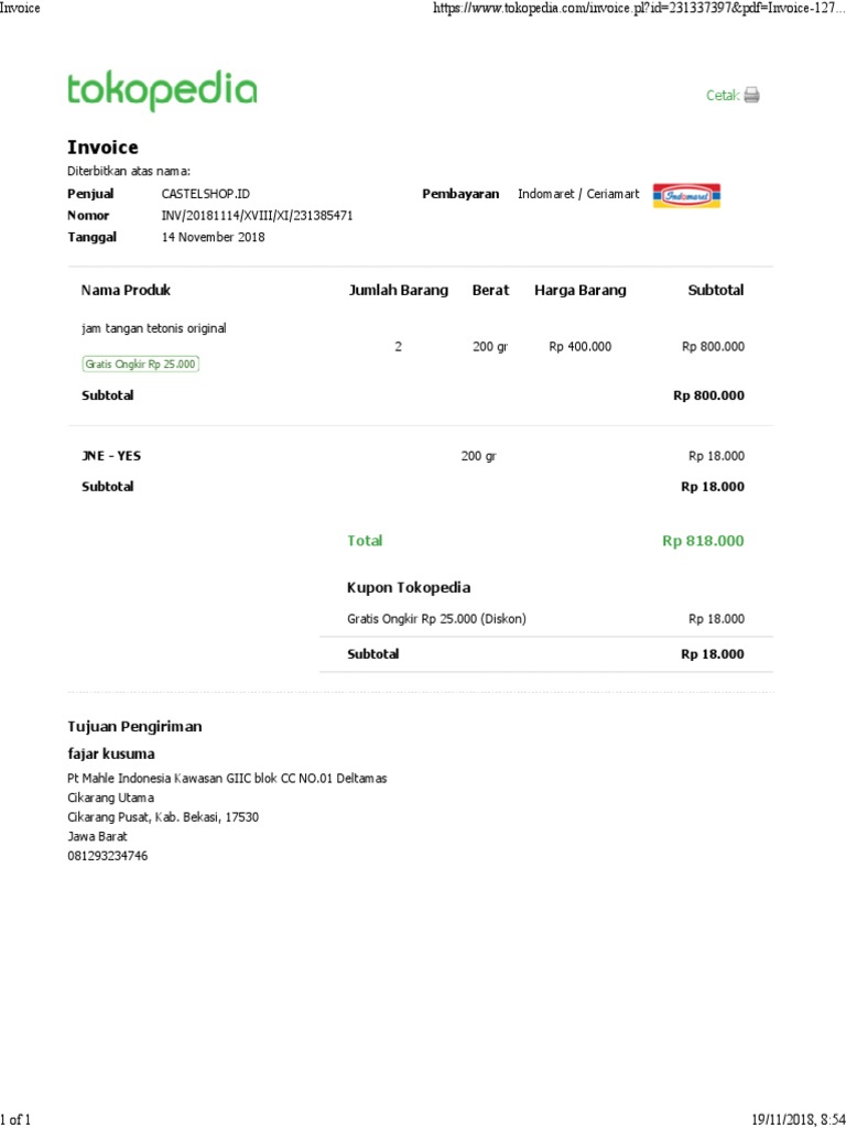 Invoice for Tetonis Watches Purchase | PDF
