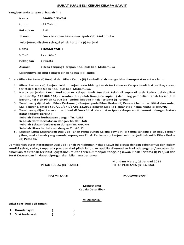Surat Jual Beli Kebun Kelapa Sawit Pdf