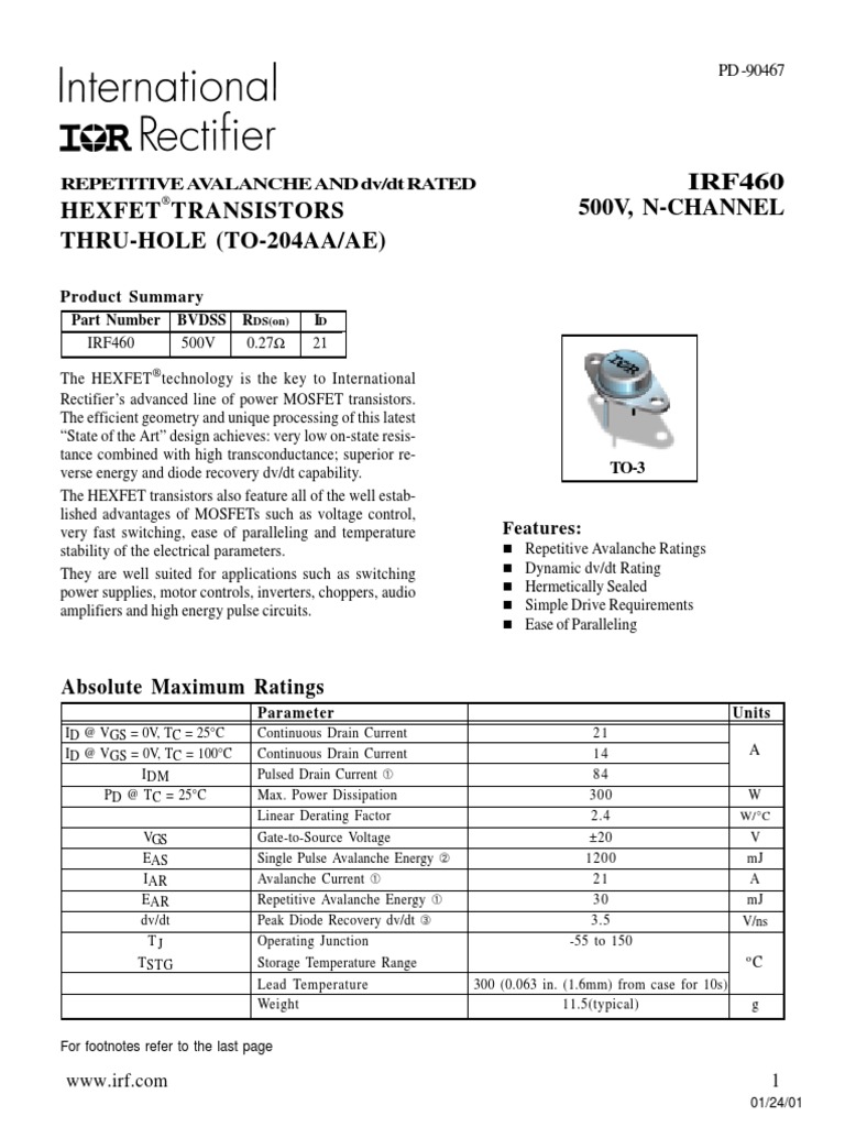 Irf460 Mosfet Datasheet and Characteristic PDF PDF Field Effect Transistor Transistor