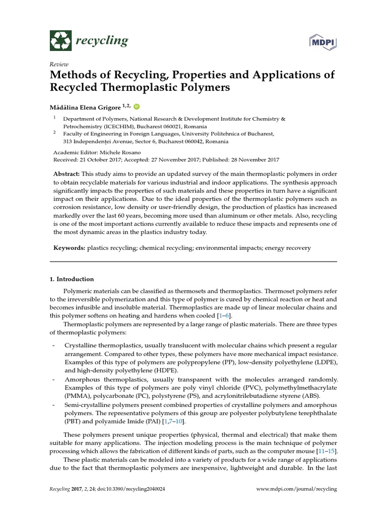 Recycling Methods Of Recycling Properties And Applications Of