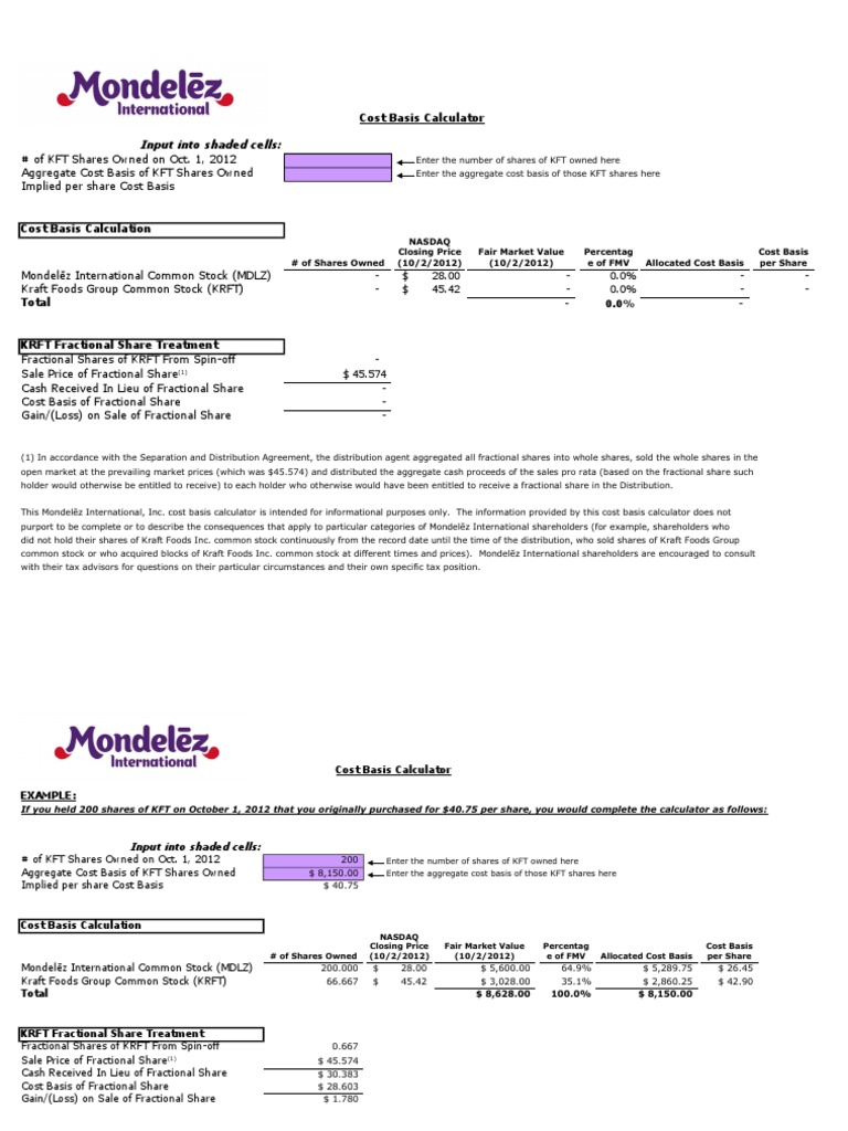 3 Cost Basis Calculator PDF Cost Basis Mondelez International
