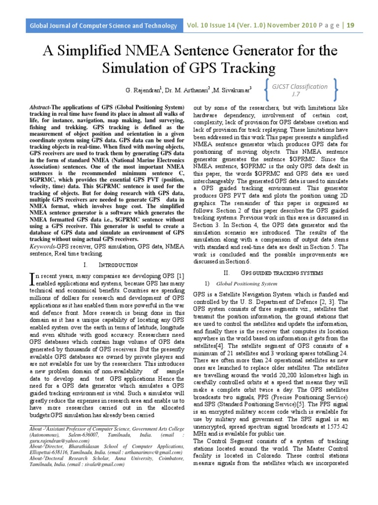 A Simplified NMEA Sentence Generator For The Simulation of GPS Tracking