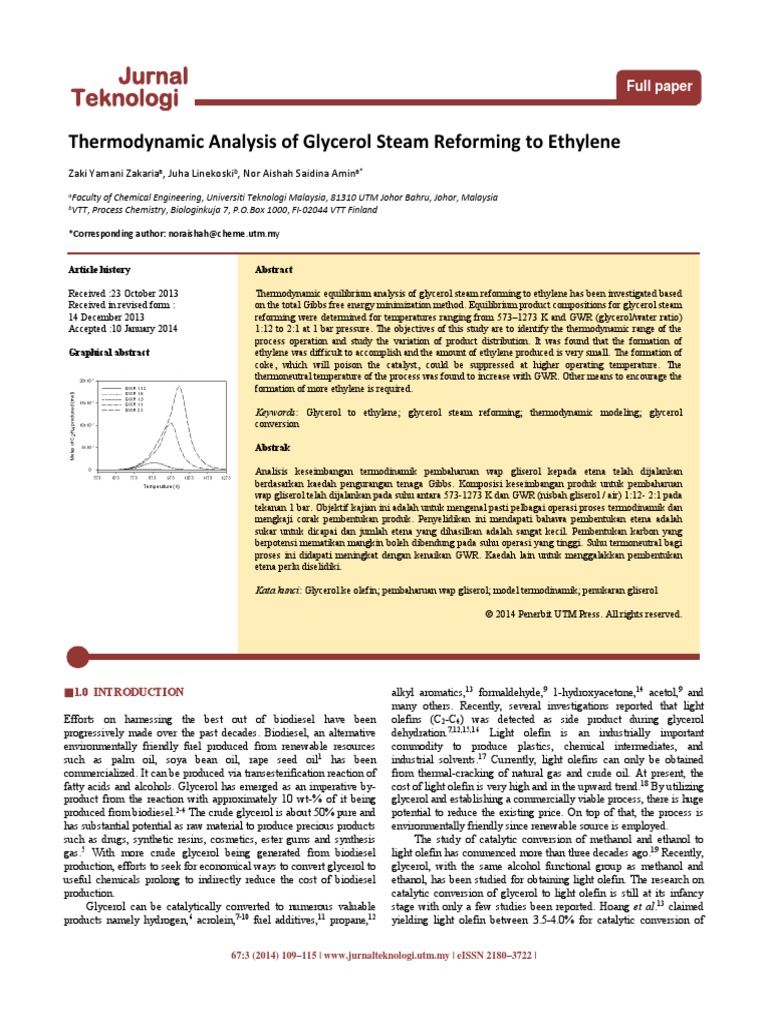 Jurnal Teknologi: Thermodynamic Analysis of Glycerol Steam Reforming To ...