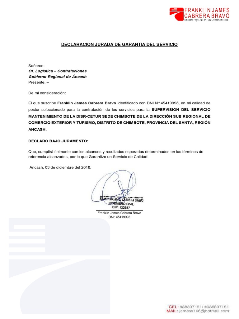 Declaración Jurada de Garantía de Servicio | PDF