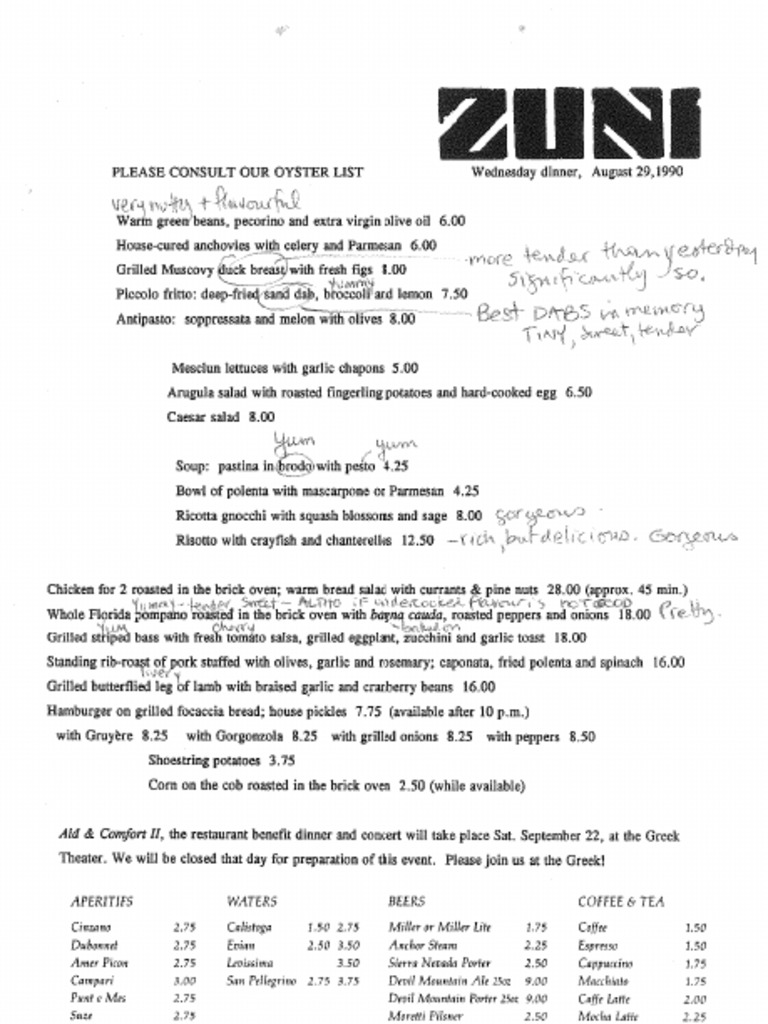 Vintage Zuni Cafe Menus 1