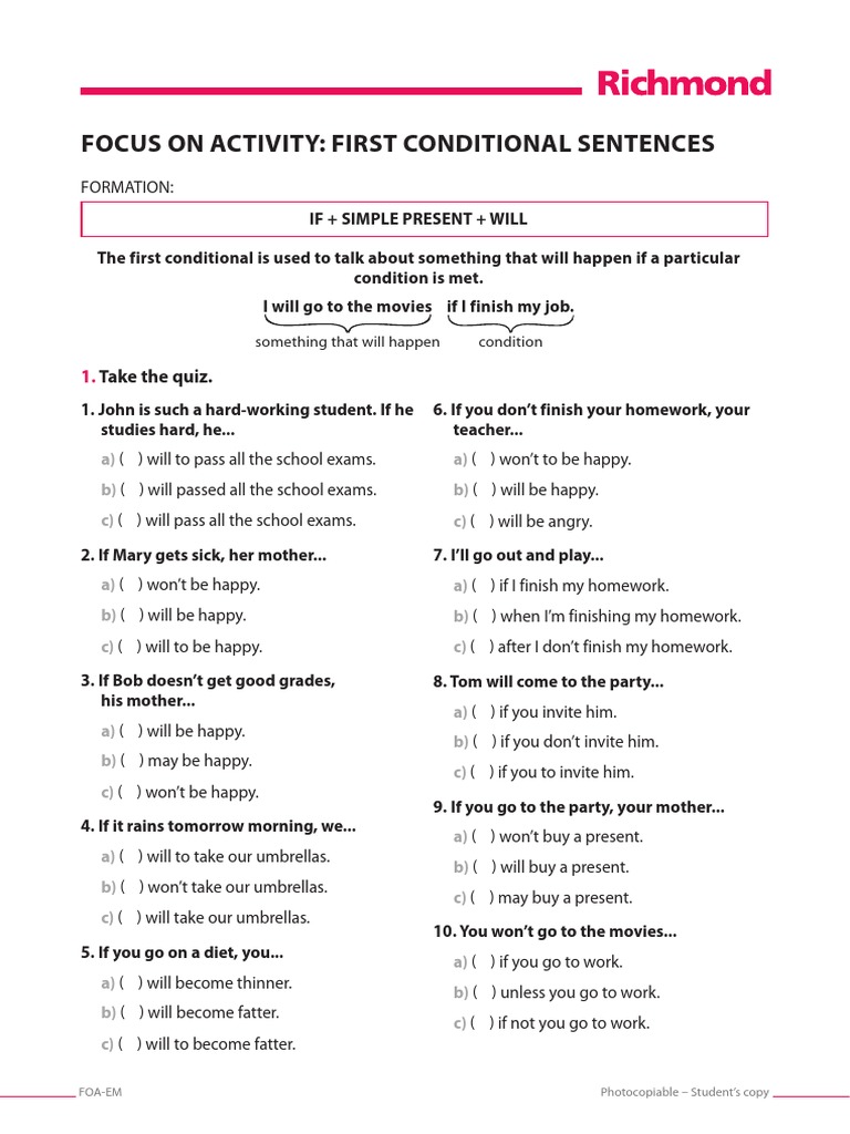 Focus On Activity: First Conditional Sentences: Take The Quiz | PDF