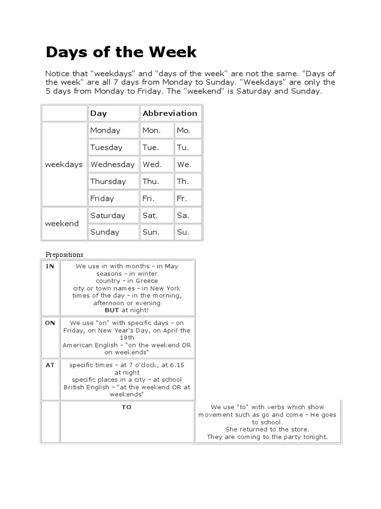 Understanding Days of the Week and Prepositions | PDF