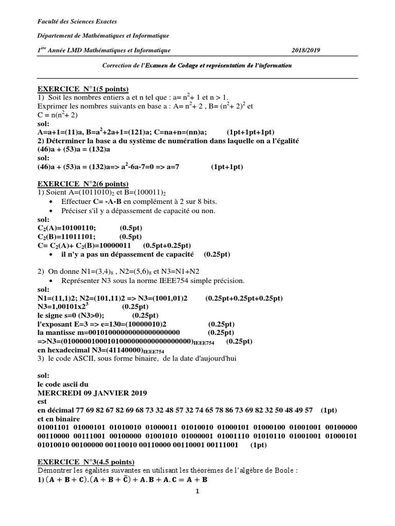 Correction De L Examen De Codage Representation De L Information Mascara 19 Pdf Logique Nombre