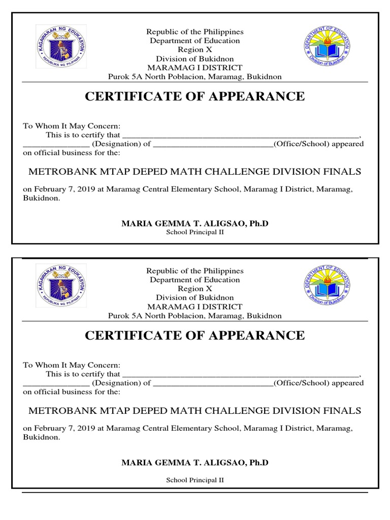 Certificate Of Appearance: Metrobank Mtap Deped Math Challenge Division