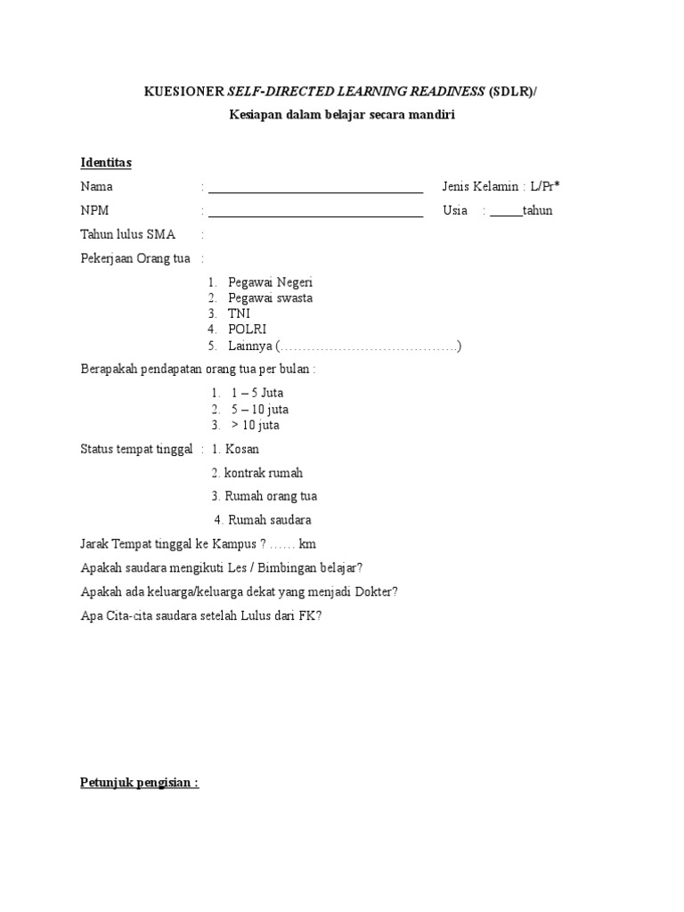 Kuesioner SDLR Print | PDF | Pengembangan Diri | Kesehatan Holistik