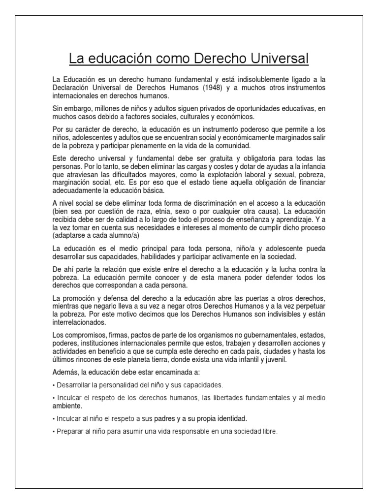 La Educación Como Derecho Universal | PDF | Derechos humanos | Pobreza