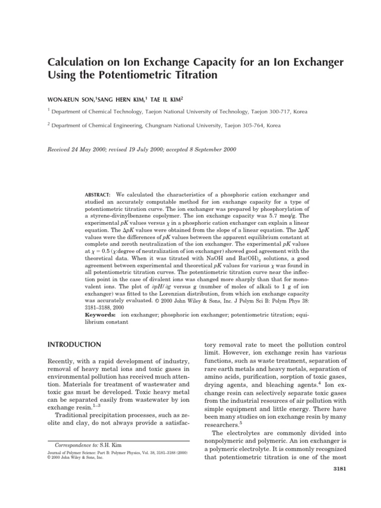 Calculation On Ion Exchange Capacity For An Ion Exchanger Using The Potentiometric Titration
