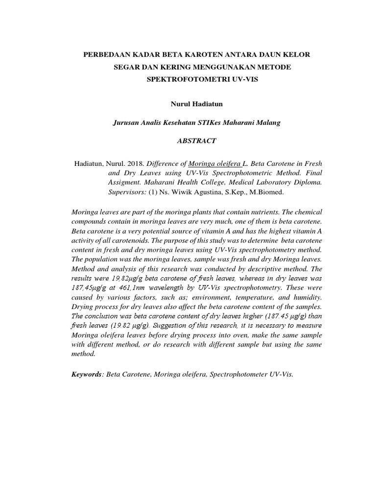 Determination of Beta Carotene Content in Fresh and Dry Moringa
