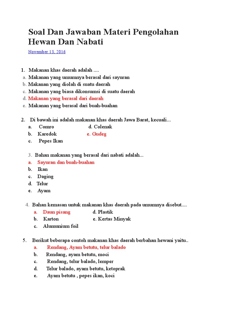 Soal Dan Jawaban Materi Pengolahan Hewan Dan Nabati