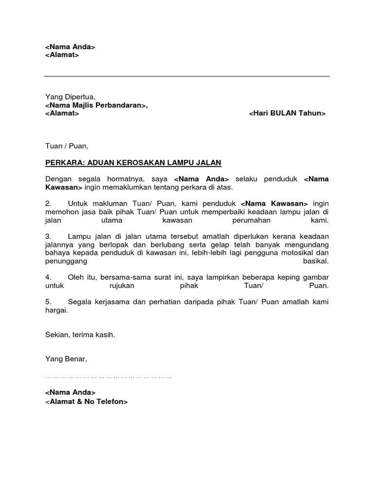 Surat Rasmi Aduan Kerosakan Pdf