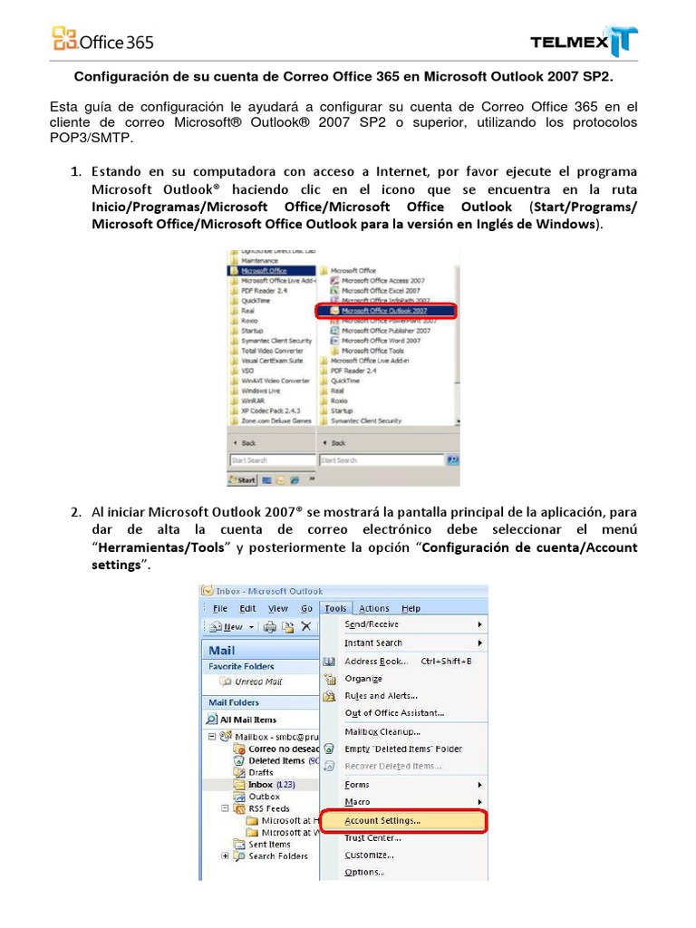 Configuracion POP de Office 365 en Outlook 2007 | PDF | Microsoft Outlook |  Software del sistema