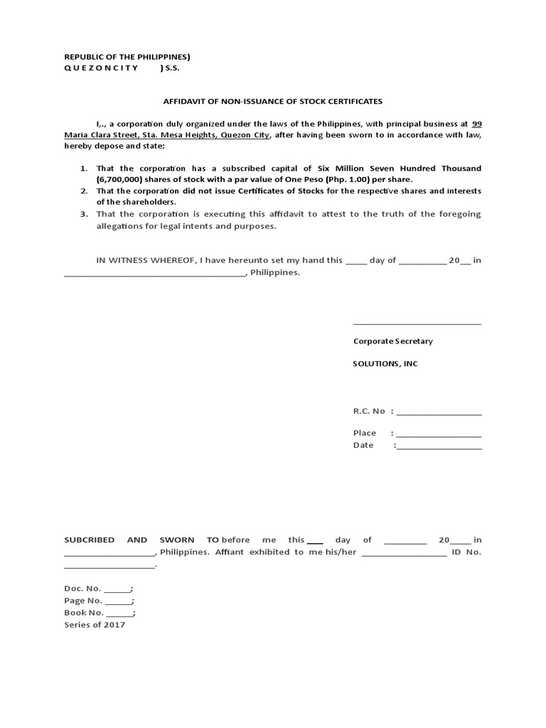 Affidavit of Non Issuance of Stock Certificates by Company Name PDF