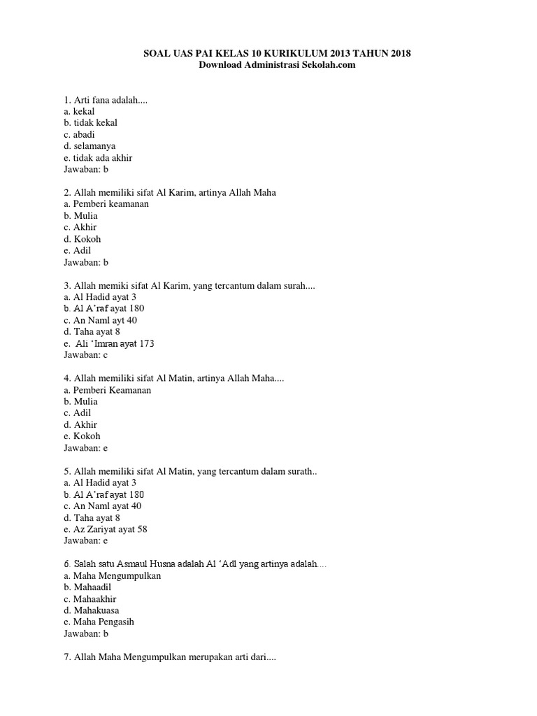 2 Soal Uas Pai Kelas 10 Semester 1 Dicariguru Com 1 Docx