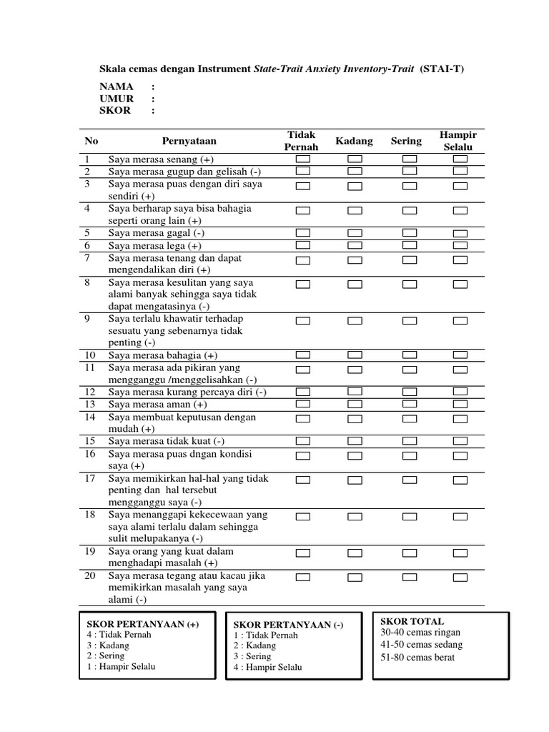 Skala Cemas Dengan Instrument State (STAI-T) | PDF