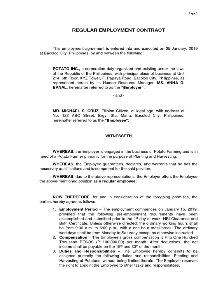 Regular Employment Contract PDF United States Labor Law Employment