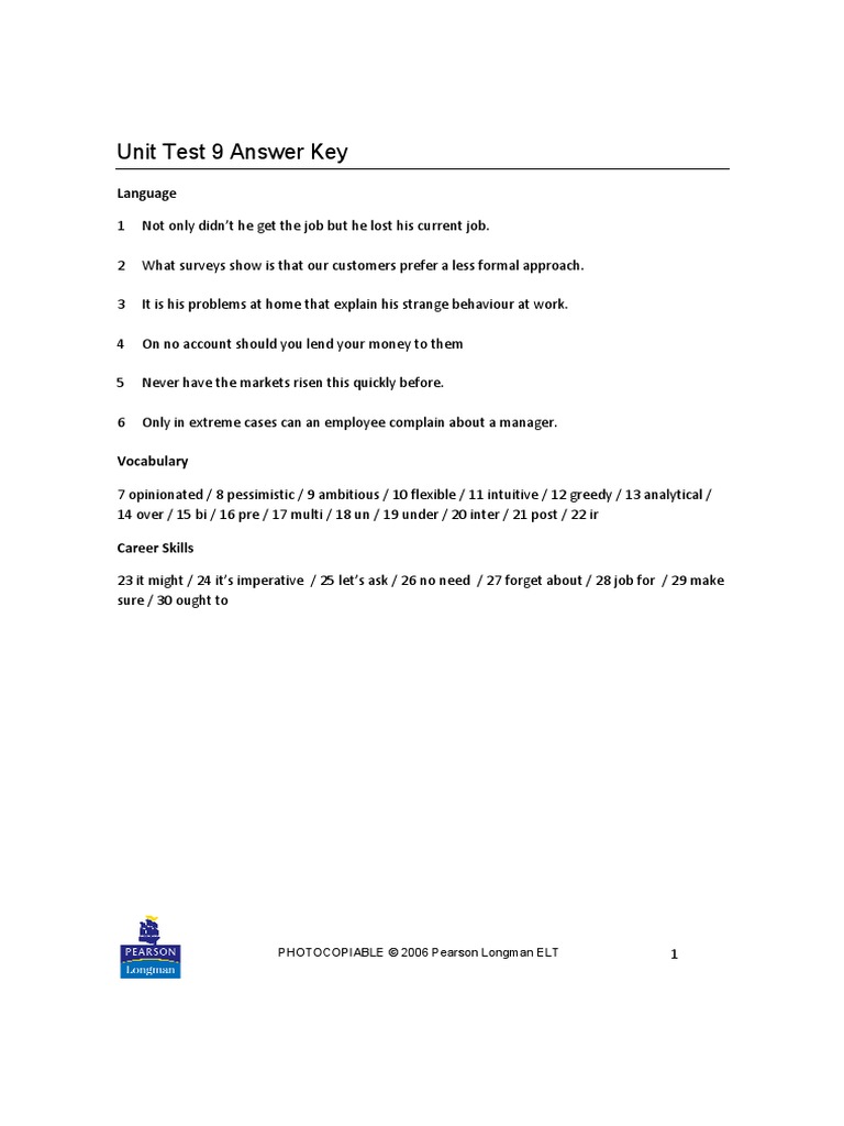 Unit Test 9 Answer Key: PHOTOCOPIABLE © 2006 Pearson Longman ELT | PDF ...