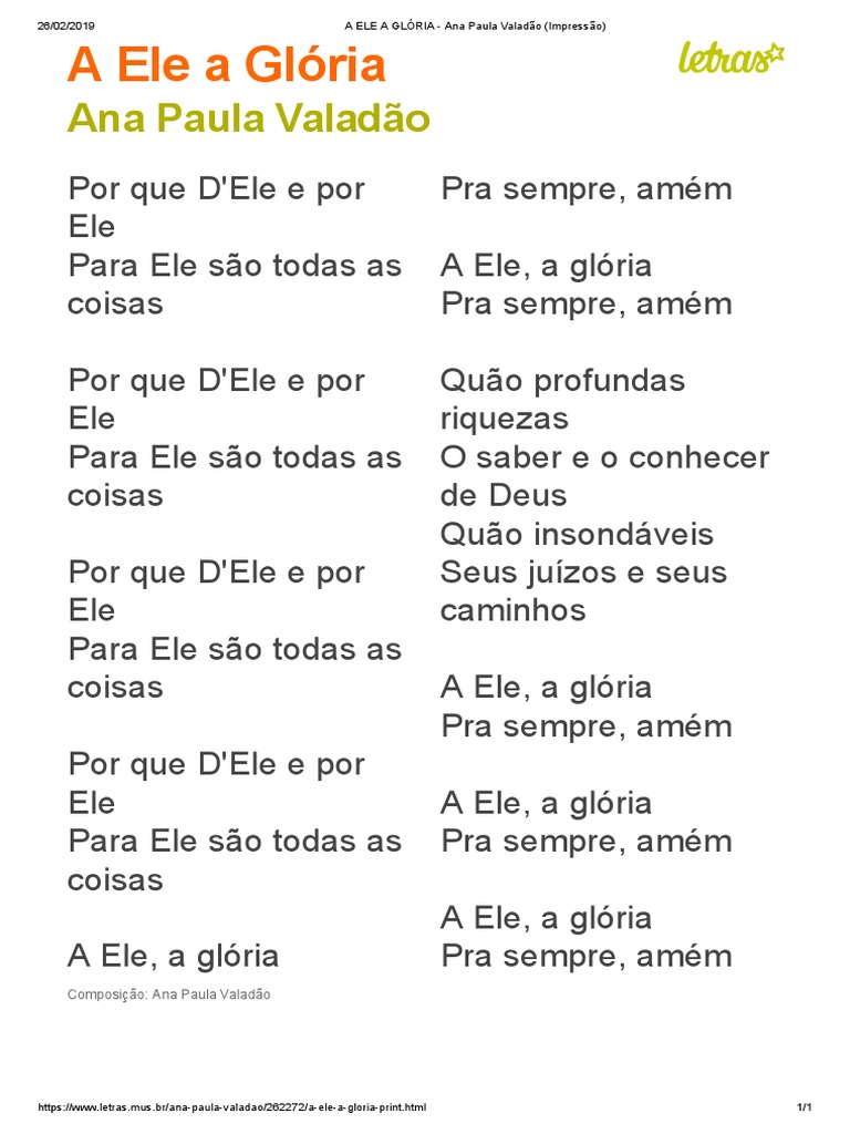A ELE A GLÓRIA - Ana Paula Valadão (Impressão) | PDF