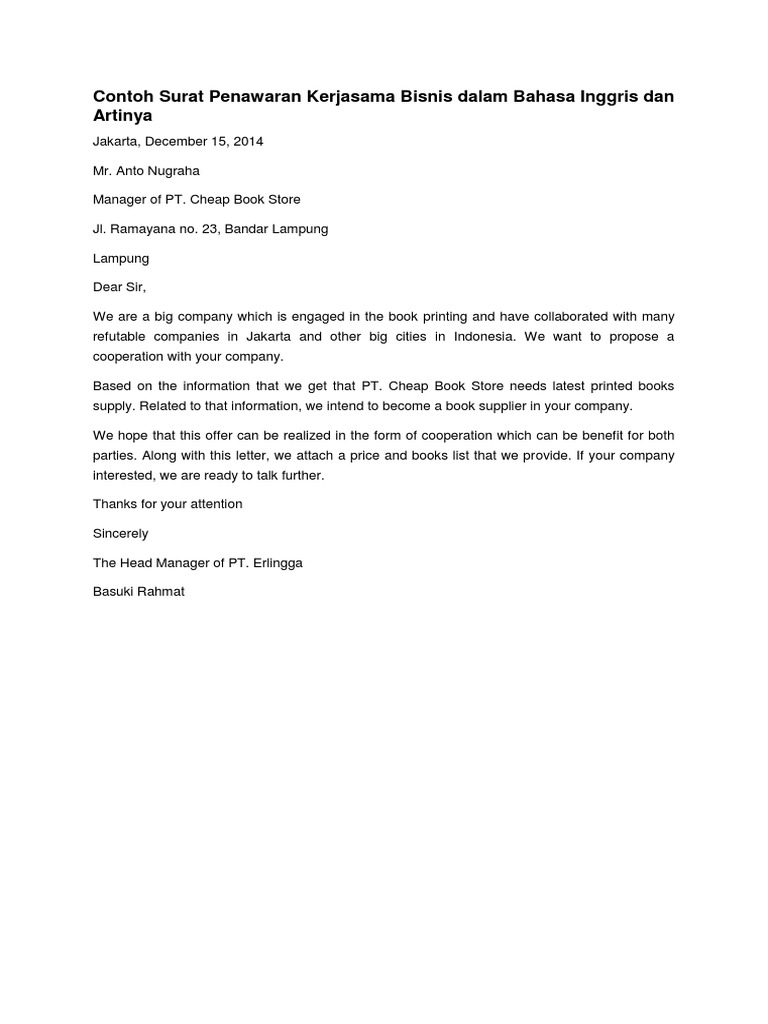 Contoh Surat Penawaran Kerjasama Bisnis Dalam Bahasa Contoh Surat Penawaran Kerjasama Bisnis Dalam Bahasa