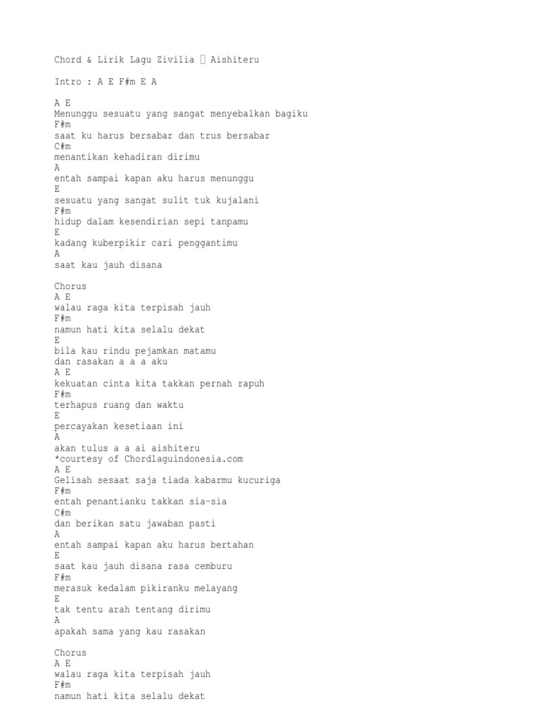 Chord Lirik Lagu Zivilia Aishiteru