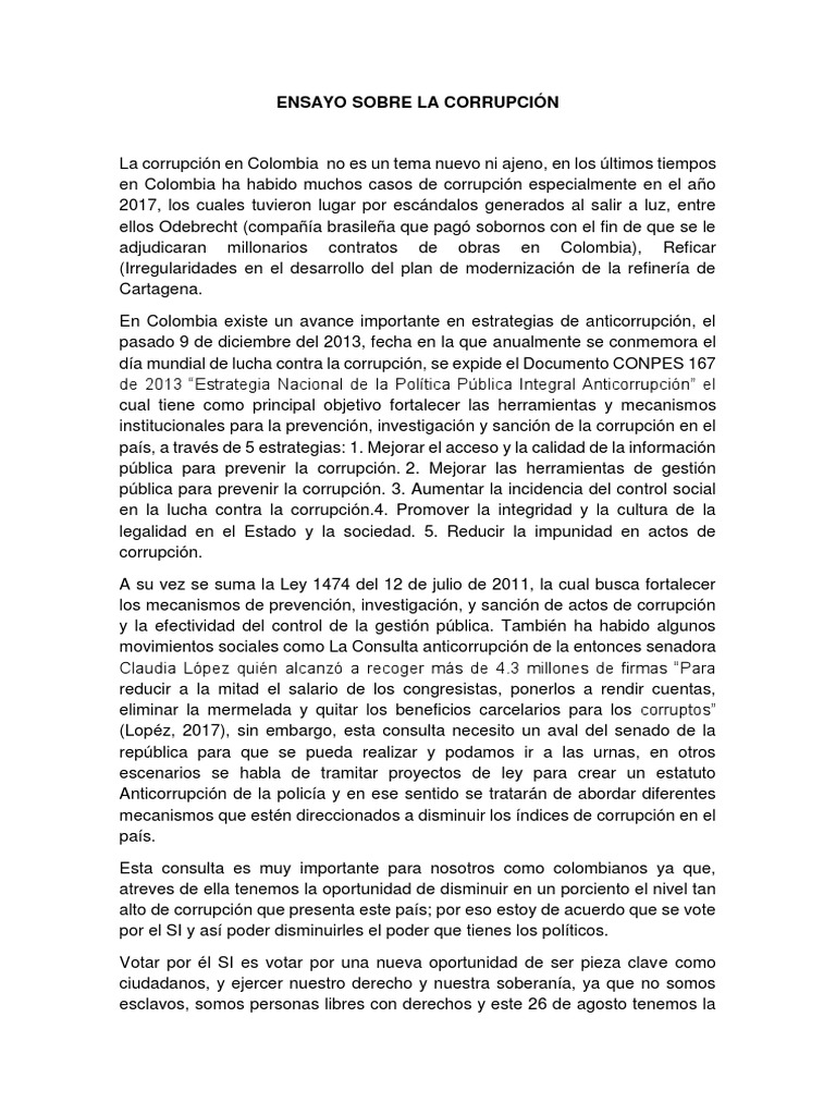 Ensayo Sobre La Corrupción Corrupción política Colombia