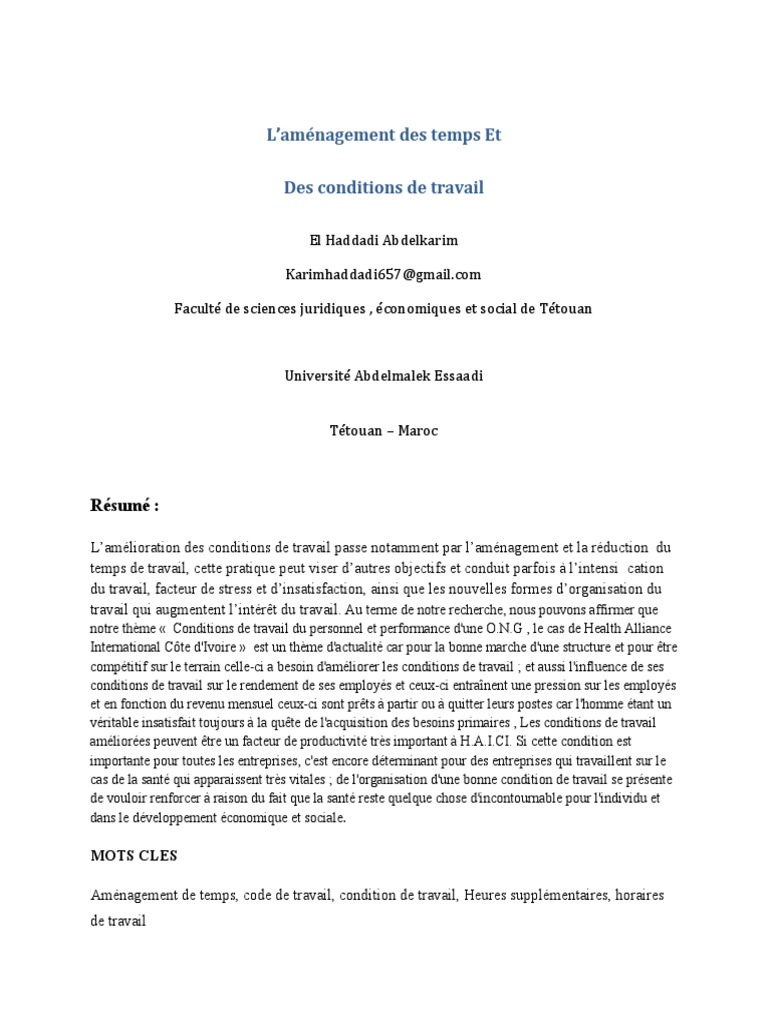 L Amenagement Des Temps Et Conditions De Travail Temps De Travail Heures Supplementaires