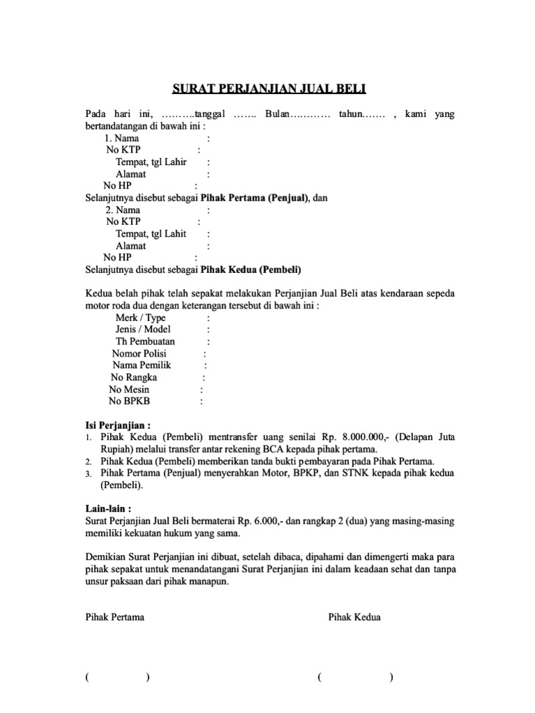 Contoh Surat Jual Beli Motor Format Word Doc Download Gratis