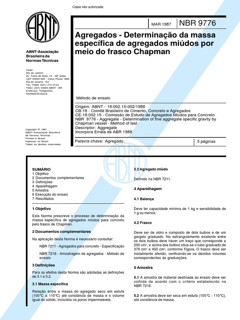 NBR 9776 - Agregados - Determinaçao Da Massa Específica Chapman PDF ...