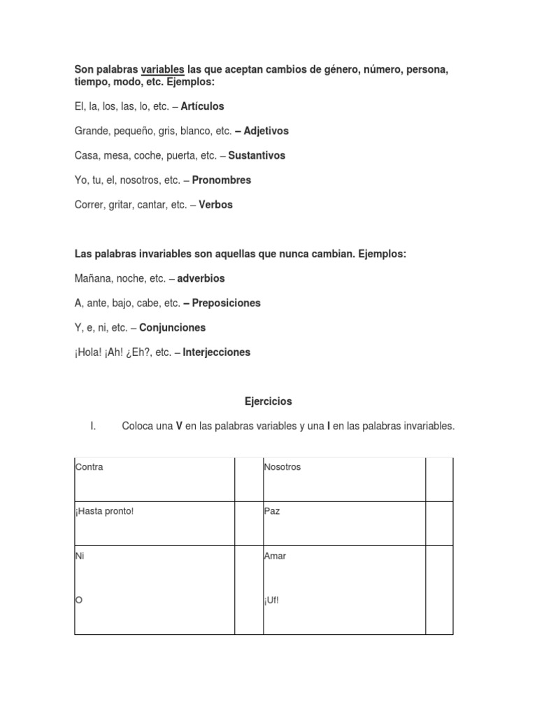 Ejercicios Partes Variables E Invariables Pdf Morfologia Linguistica Tipologia Linguistica