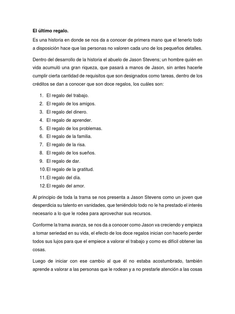 Resumen Película El Ultimo Regalo PDF Vida Amor