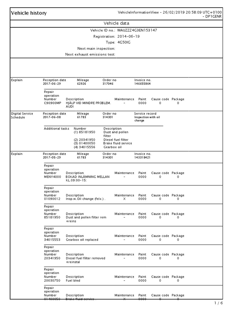 Vehicle History WAUZZZ4G3EN153147 PDF PDF Automotive Industry Wheeled Vehicles