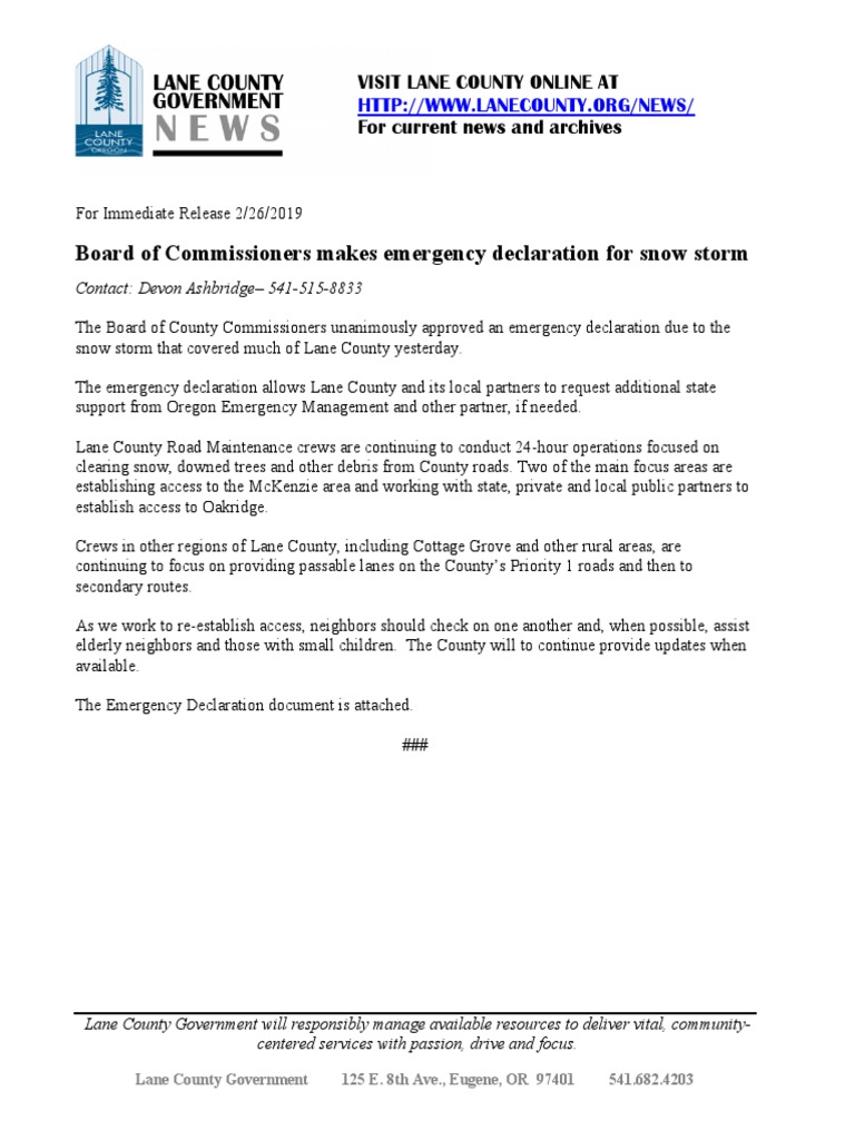 Lane County Emergency Declaration for Snow Storm | PDF | Emergency ...