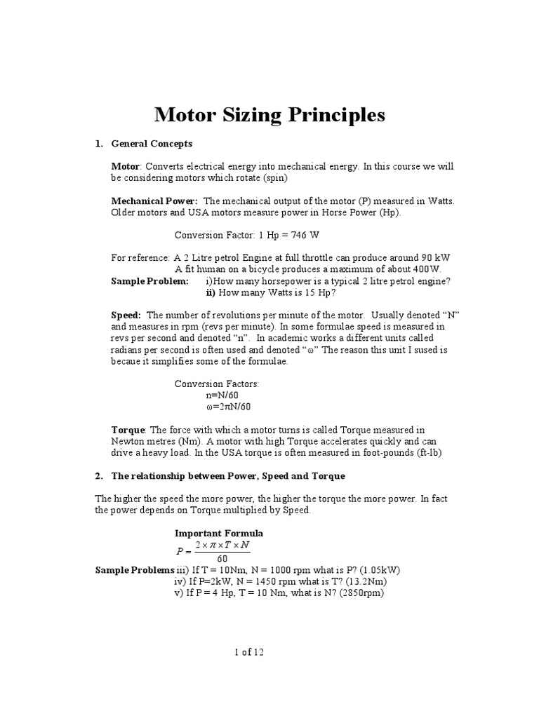 Motor Sizing and Performance Basics | PDF | Electric Motor | Horsepower