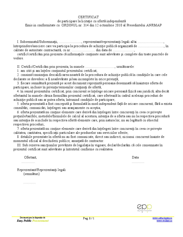 Formular - Model Certificat de Participare La Licitatie Cu Oferta Independent A | PDF