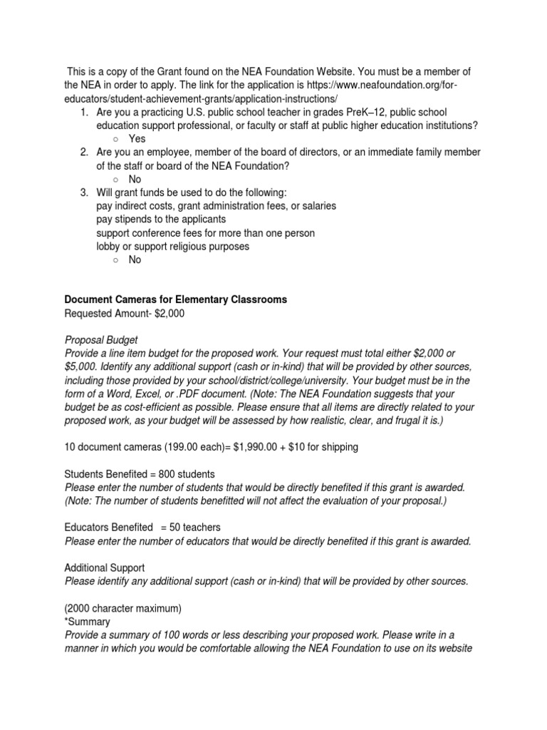 Document Camera Grant Project Grant 1 PDF English As A Second Or