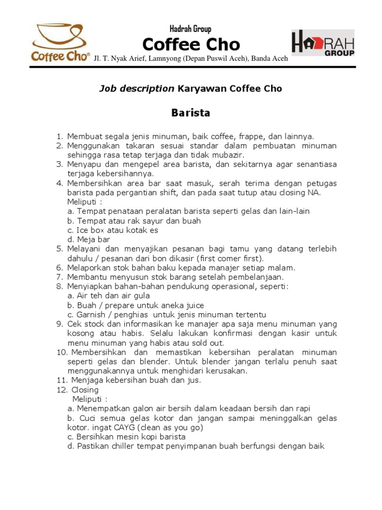 Job Description Karyawan Coffee Shop