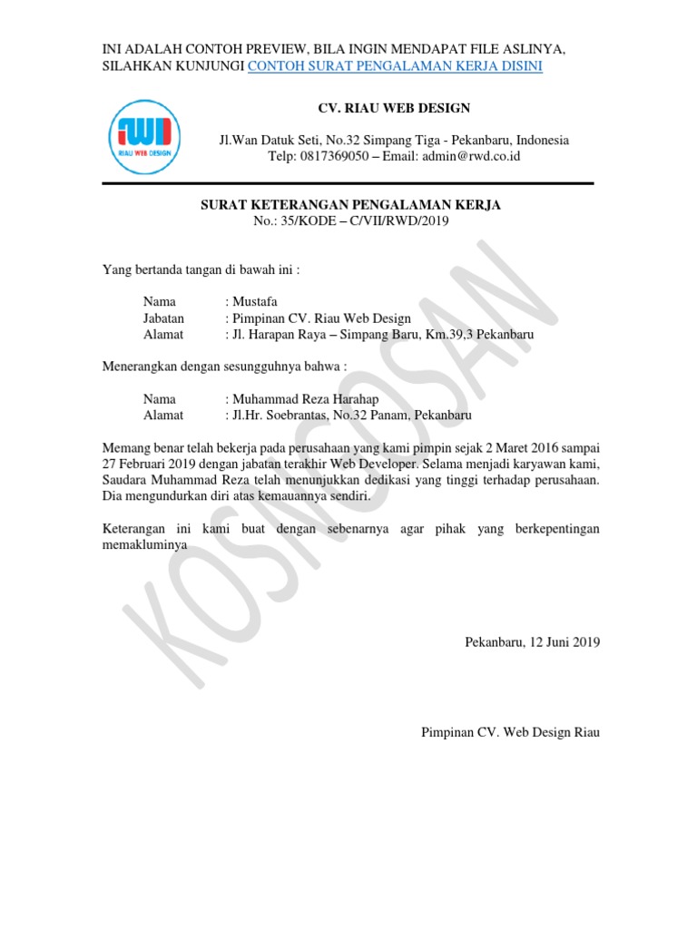 Contoh Surat Pengalaman Kerja Yang Baik Dan Benar