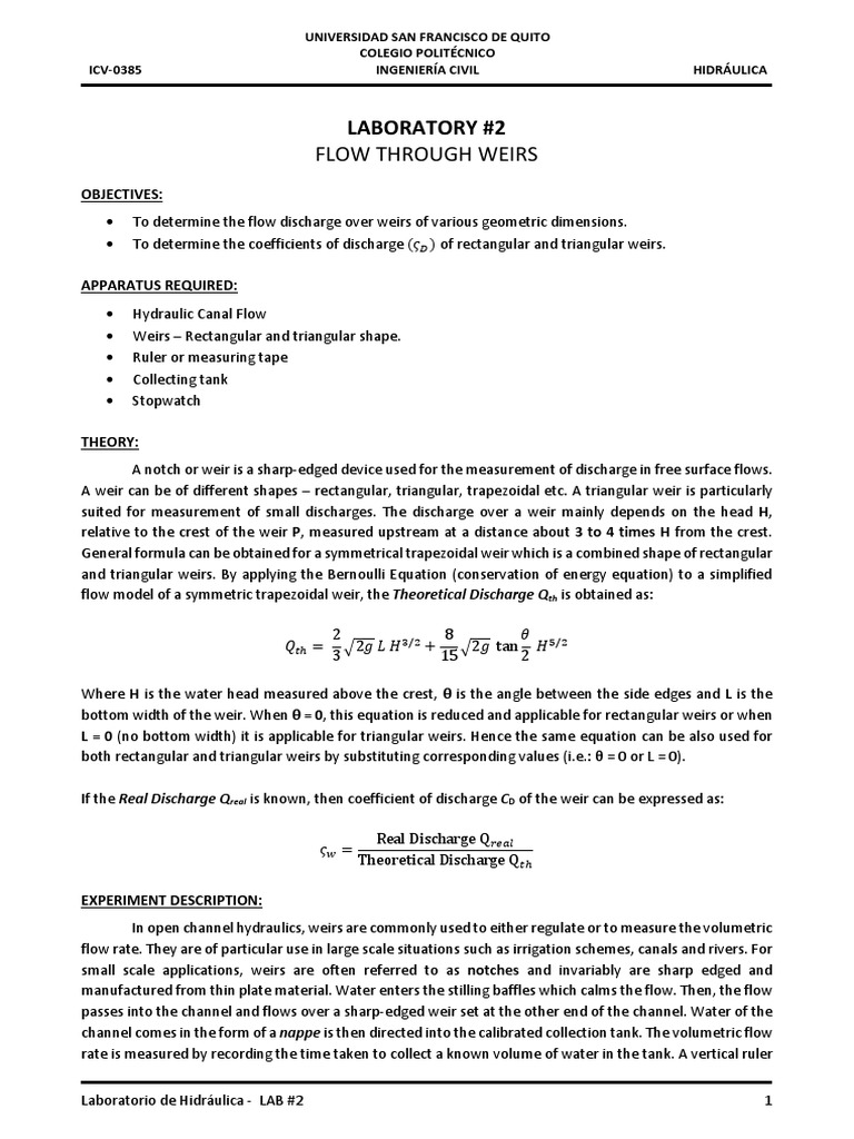 Flow Measurement via Weirs Lab Report | PDF | Equations | Cartesian ...