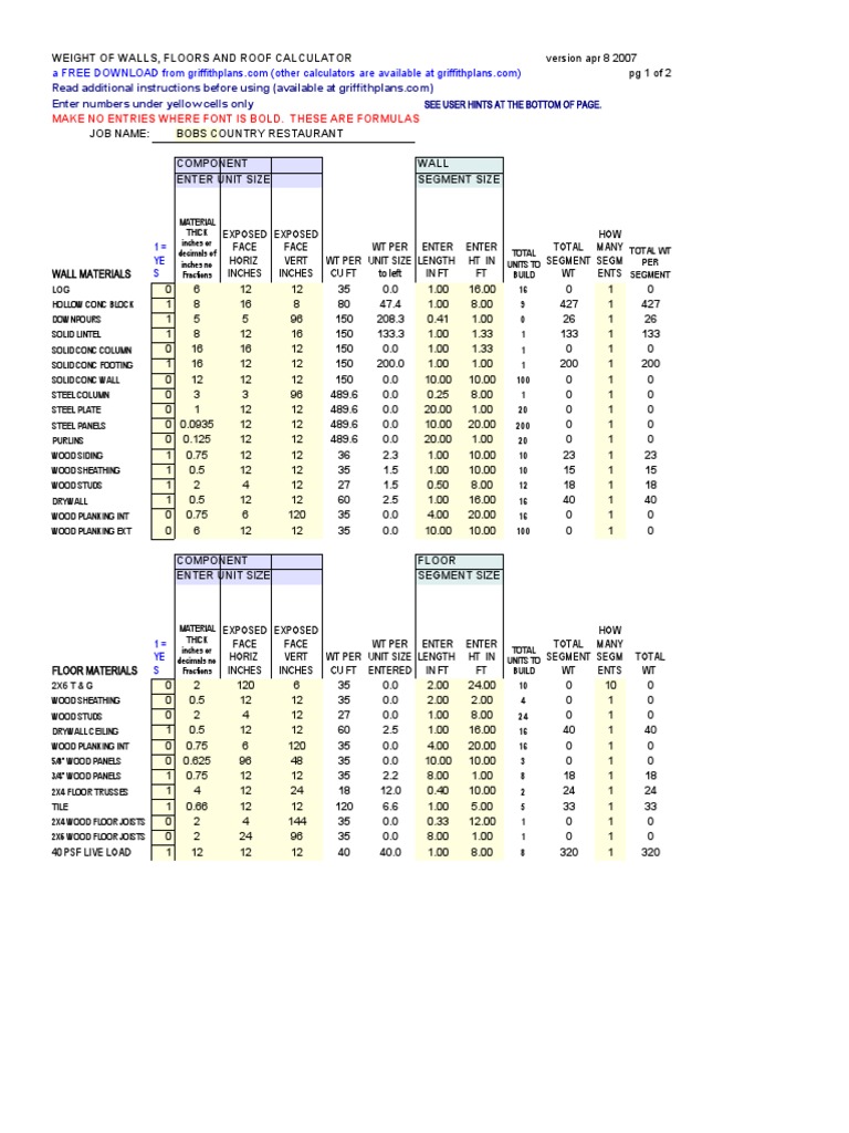 Excel Building Weight Calculator