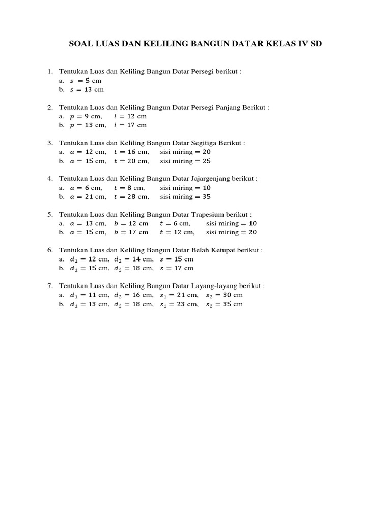 Soal Luas Dan Keliling Bangun Datar Kelas Iv Sd Pdf