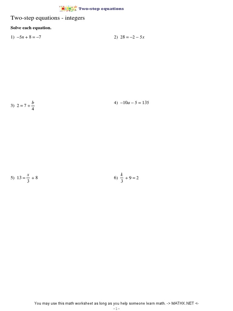 Two-Step Equations - Integers: Solve Each Equation | PDF