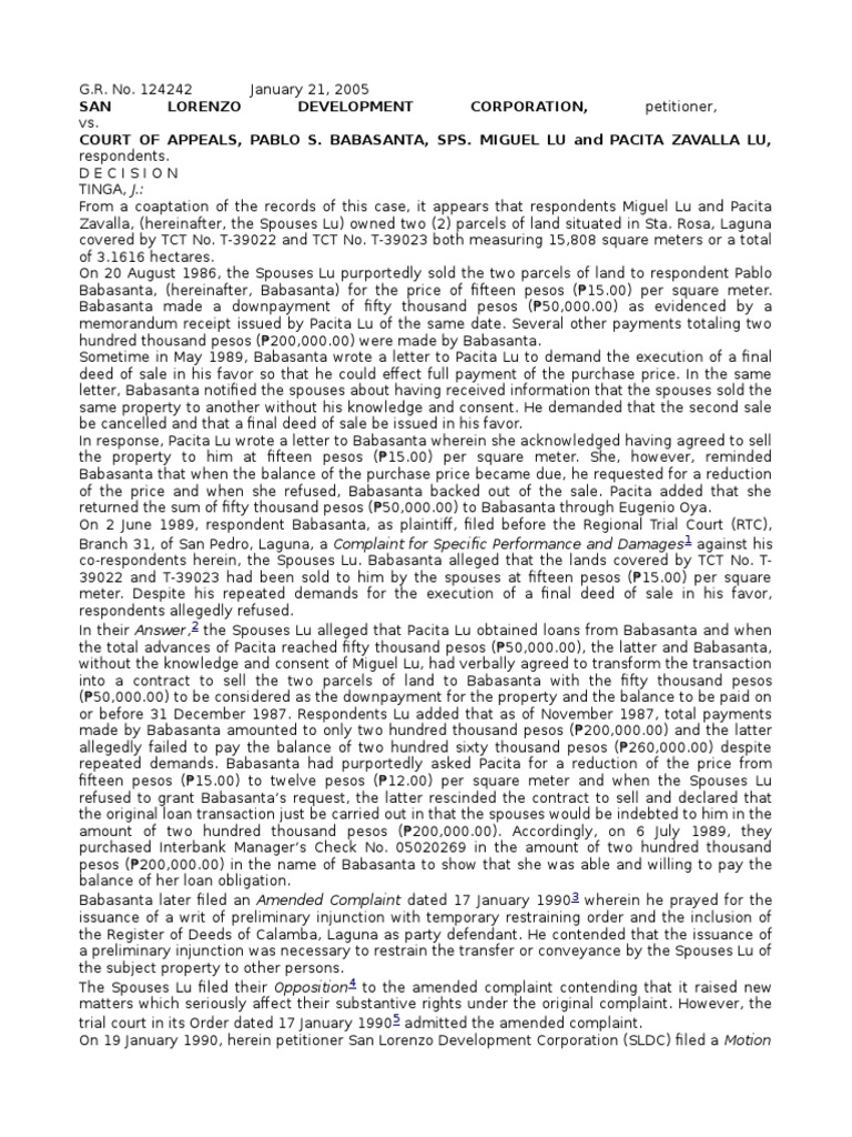 SAN Lorenzo Development Corporation, Petitioner, Court of Appeals, Pablo S. Babasanta, Sps