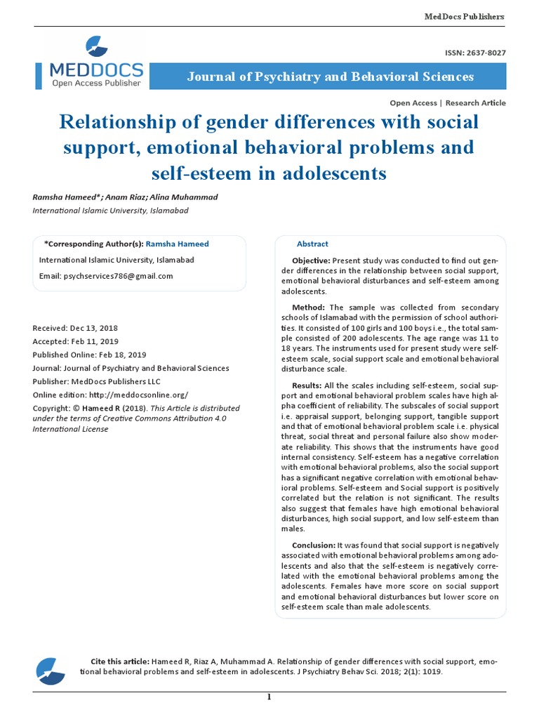 Relationship of Gender Differences With Social Support Emotional ...