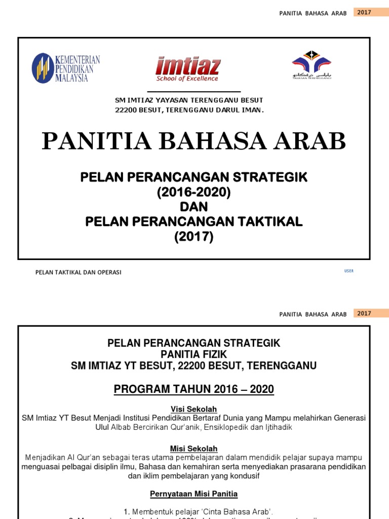 Contoh Pelan Strategik Taktikal Dan Swot Panitia Bhs Arab 2018 Imtiaz Besut Pdf